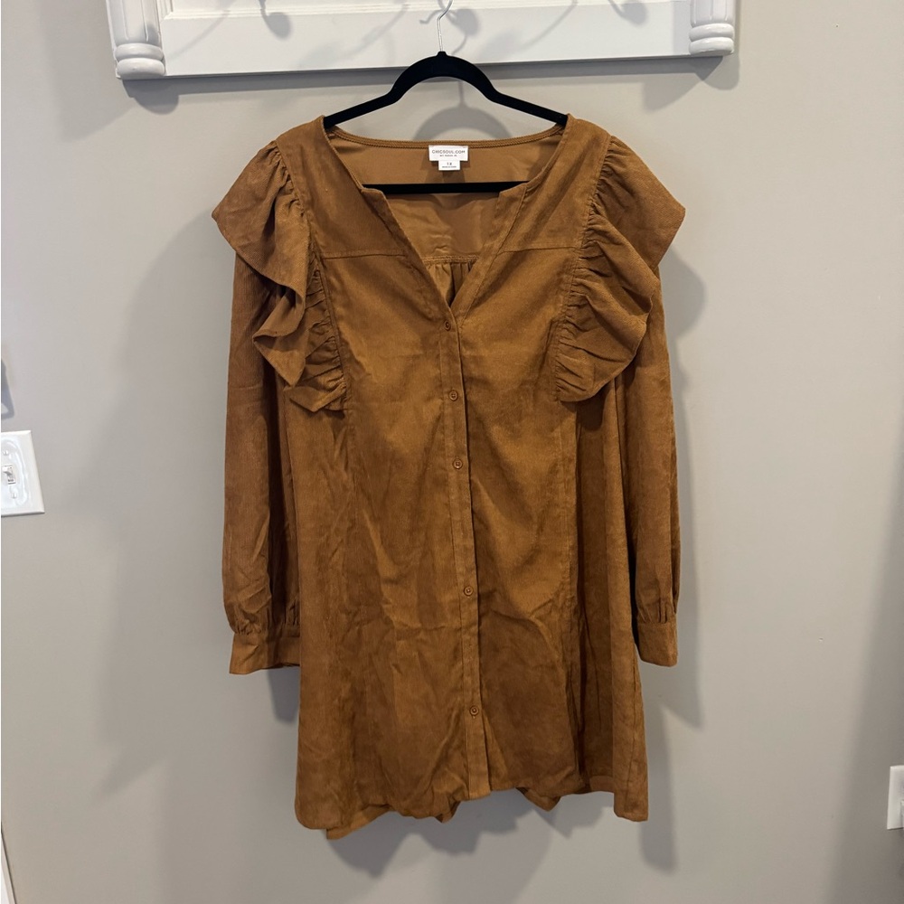 Chic Soul 1XL Button Down Ruffle Long Sleeve Corduroy Dress